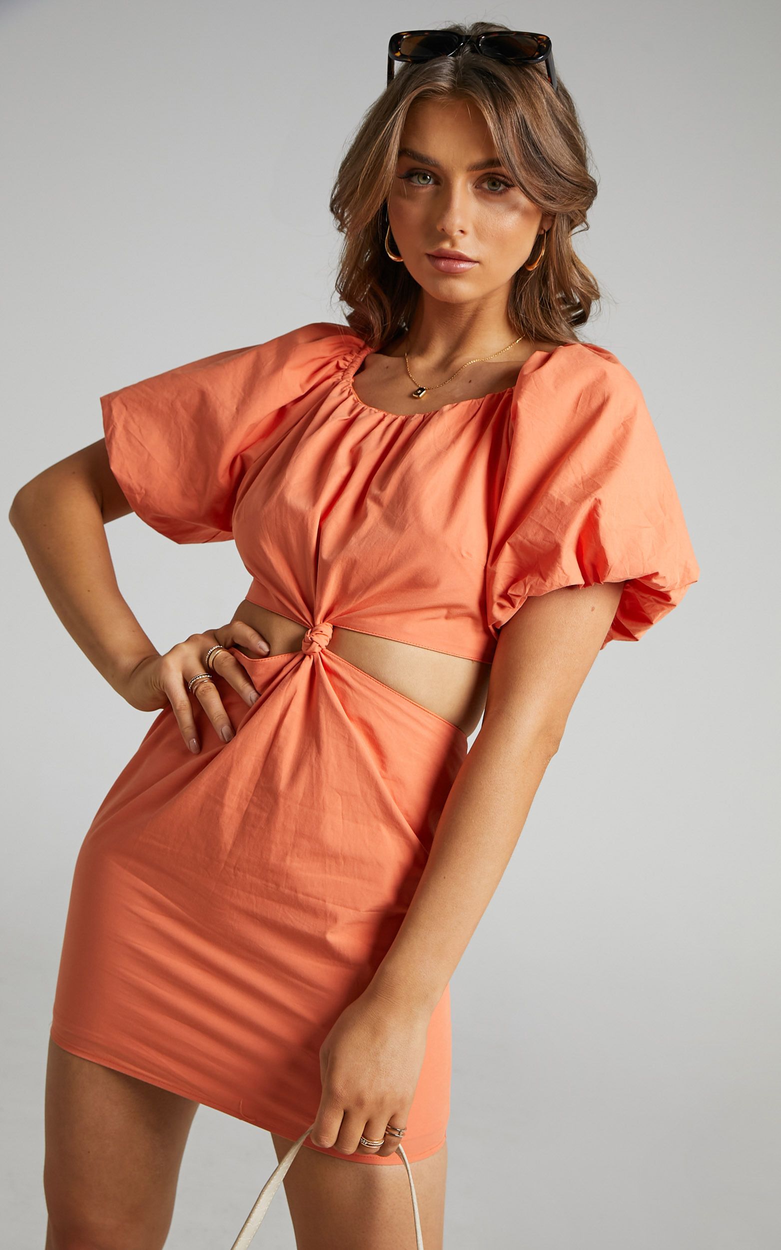 Hyacinth Puff Sleeve Mini Dress with Twist Front in Orange | Showpo | Showpo - deactived