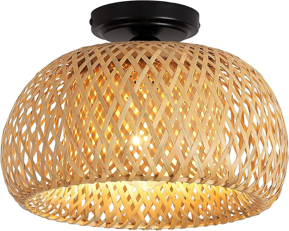 Hchunqjor Bamboo Flush Mount Light Fixture Rustic Basket Handmade Woven Semi Flush Mount Ceiling ... | Amazon (US)