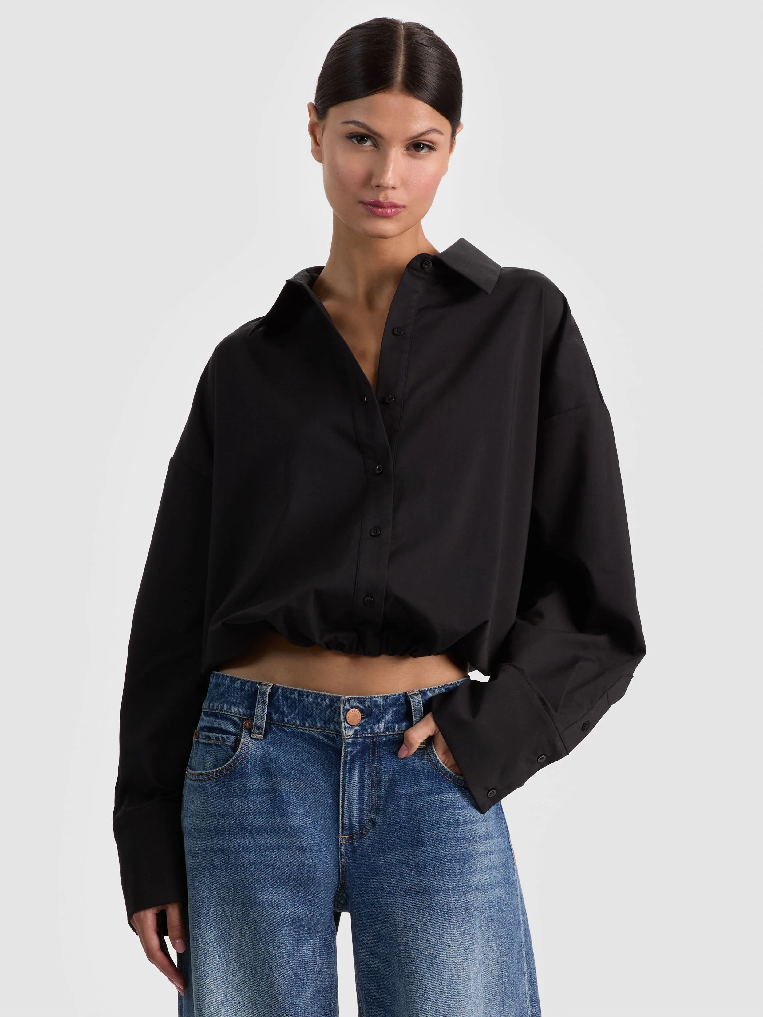 TOBIE CINCHED BUTTON DOWN in BLACK | ALICE + OLIVIA | Alice + Olivia