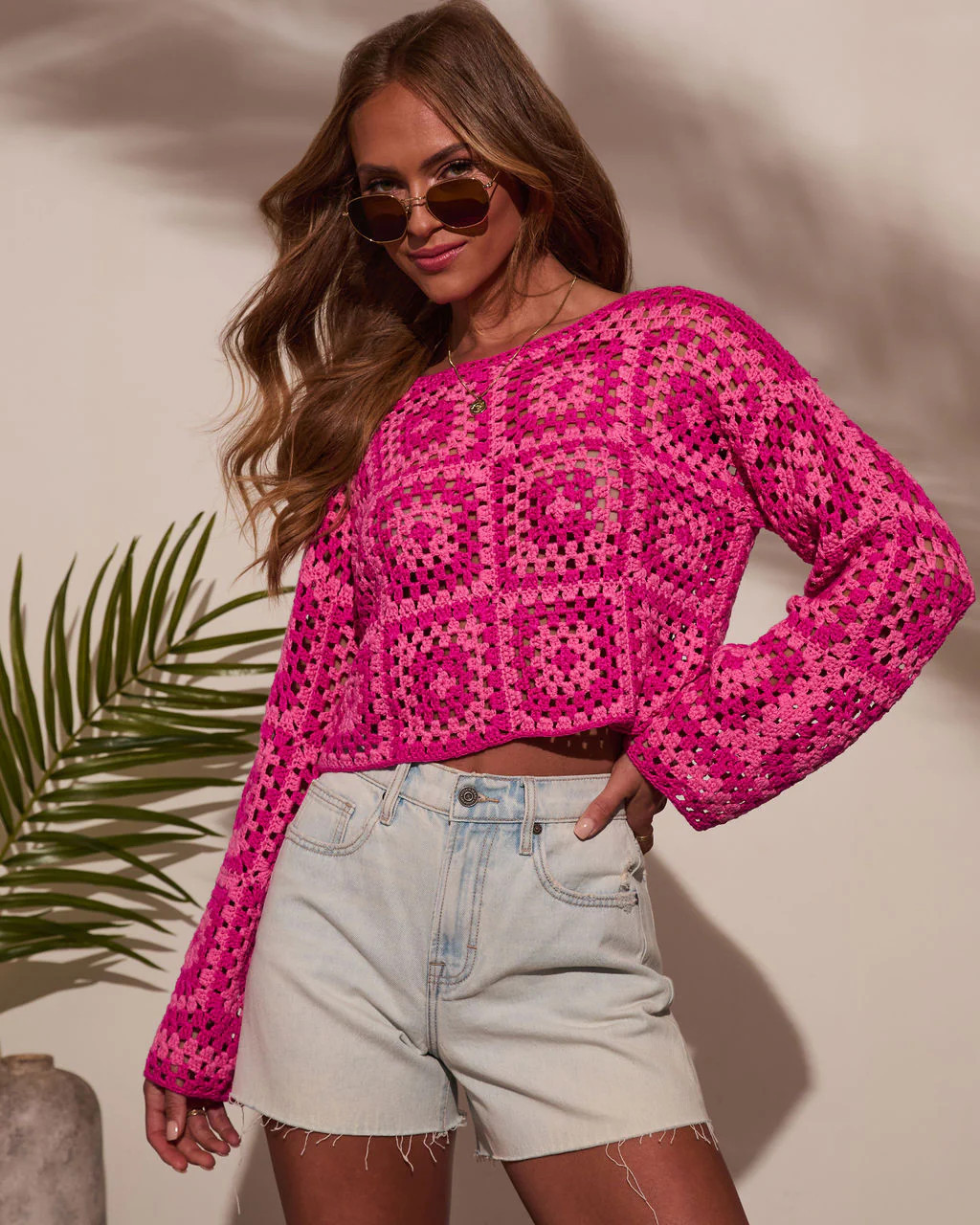 Elisa Knit Crochet Long Sleeve Top - Pink / XS | VICI