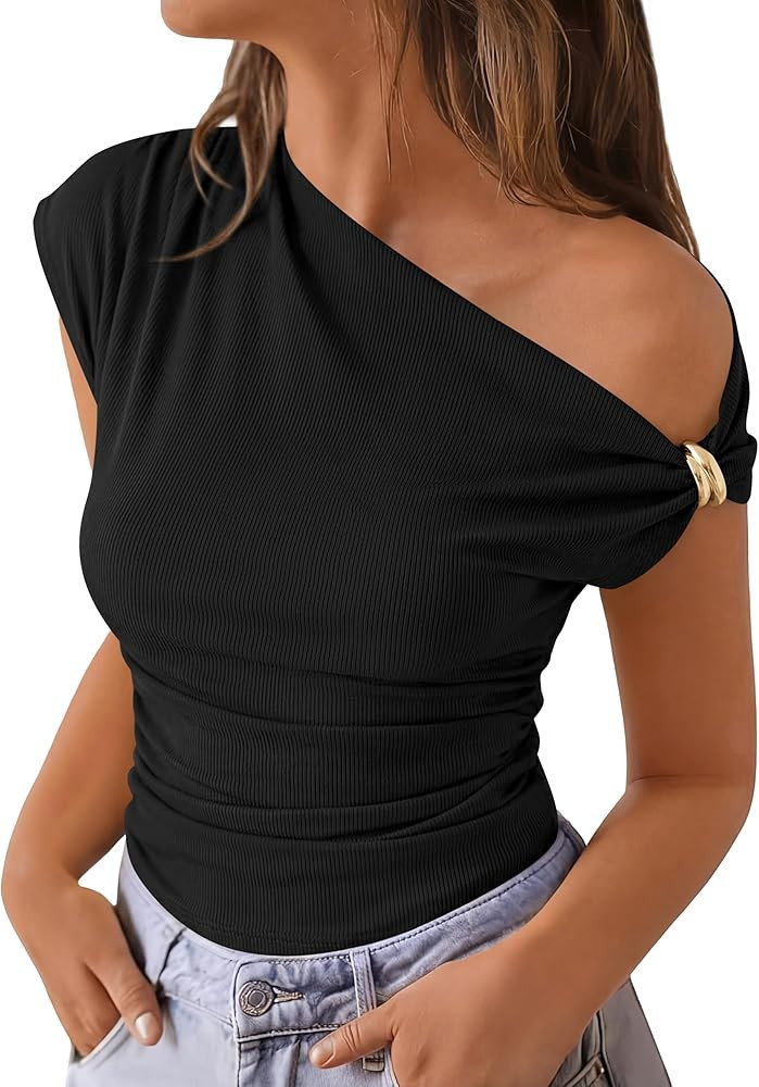 PRETTYGARDEN Womens Summer Off The Shoulder Crop Tops Ribbed Going Out Fitting T Shirts Trendy Sp... | Amazon (US)