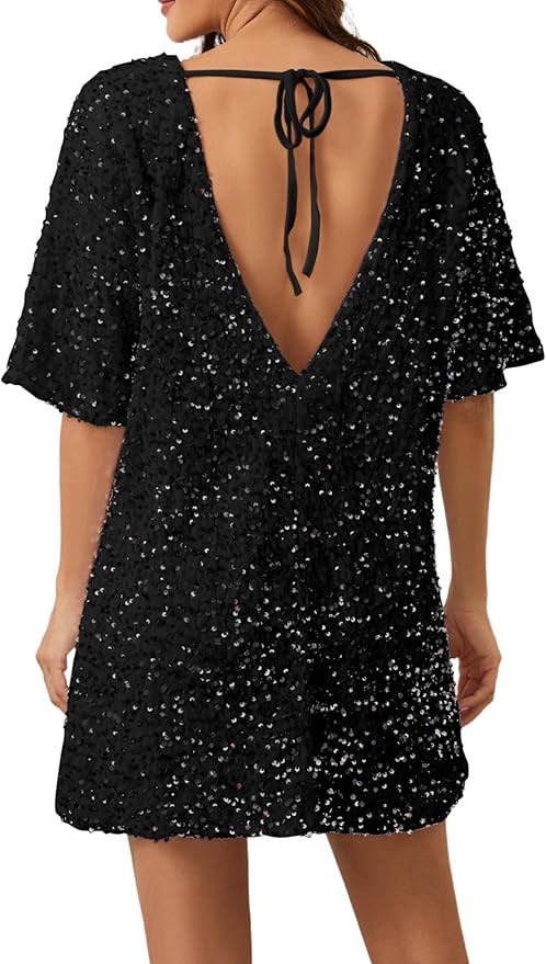 Women's Sparkly Sequin Shirt Mini Dress Party Club Dress Half Sleeve Crewneck Tie Backless Velvet... | Amazon (US)