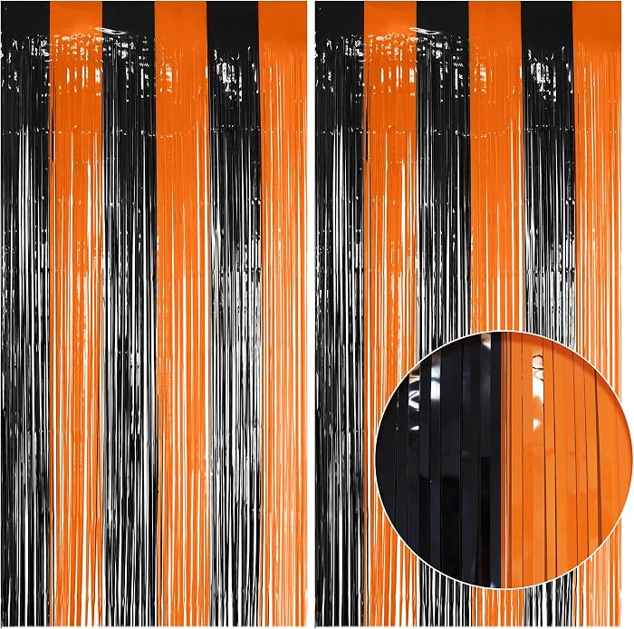 2 Pack Orange & Black Fringe Backdrop, 3.2x8.2ft Shining Foil Tinsel Curtains, Birthday Party Dec... | Amazon (US)