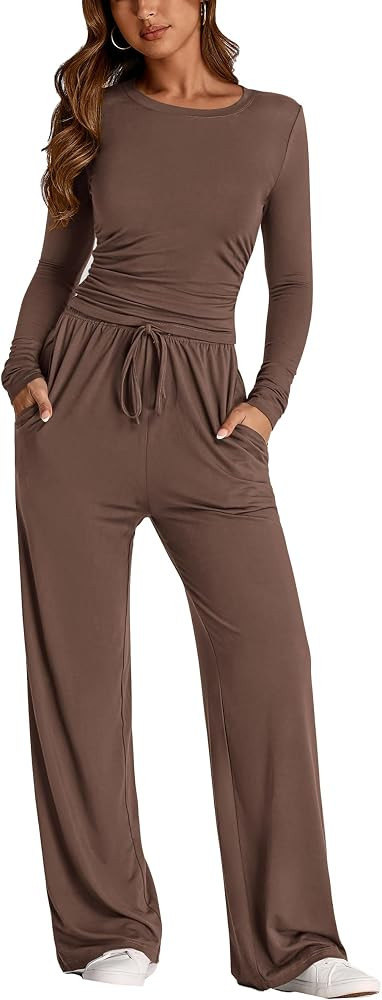 PRETTYGARDEN Women's 2 Piece Outfits Fall Tracksuits Long Sleeve Crop Tops Wide Leg Pants Spring ... | Amazon (US)