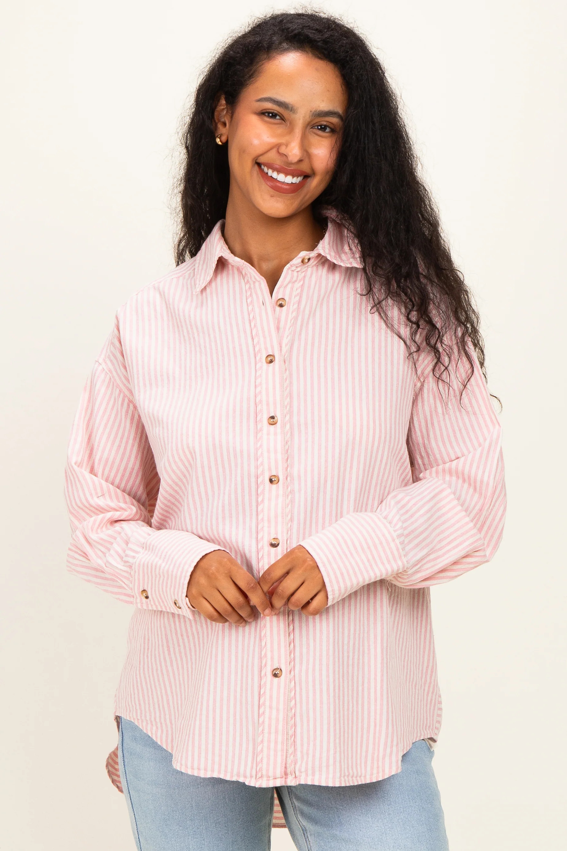 Pink Oversized Striped Button Down Long Sleeve Maternity Shirt - Large | PinkBlush Maternity