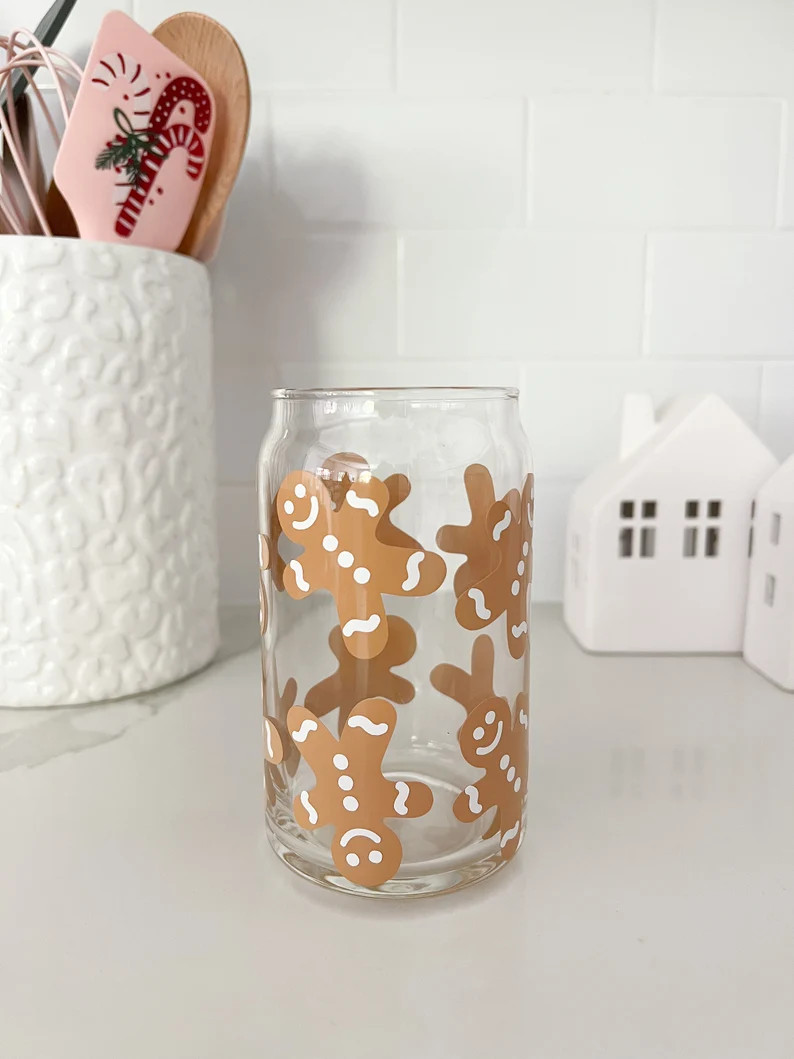 Gingerbread Man Glass Can  Iced Coffee Cup  Soda Glass  - Etsy | Etsy (US)
