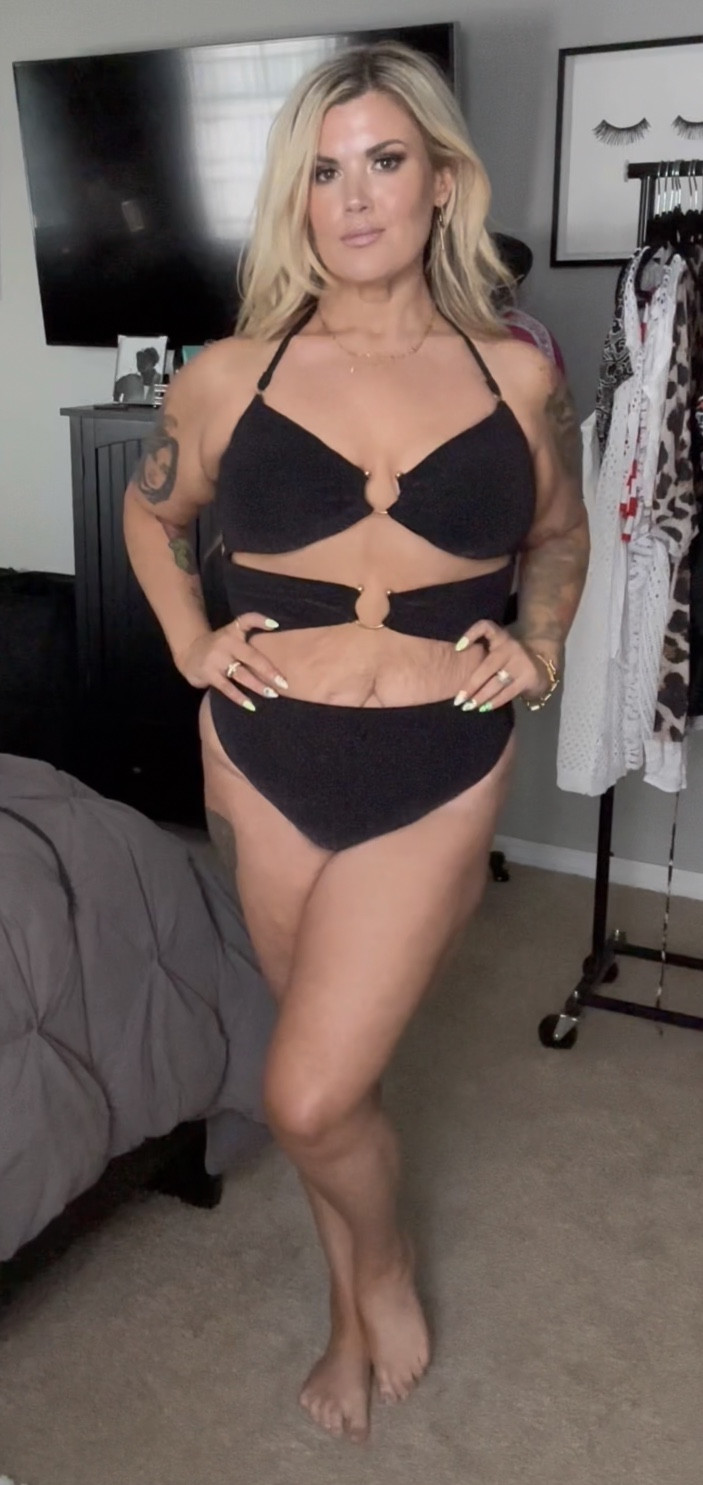 Victoria’s Secret black shimmer cutout swimsuit.  XL

#LTKmidsize #LTKover40 #LTKswim