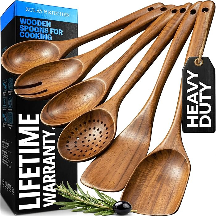 Zulay Kitchen 6 Piece Wooden Spoons for Cooking – Natural Teak Wooden Utensil Set, Easy to Clea... | Amazon (US)