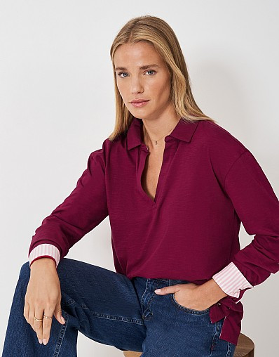 Flip Collar Slub Top in Red | Crew Clothing (UK)