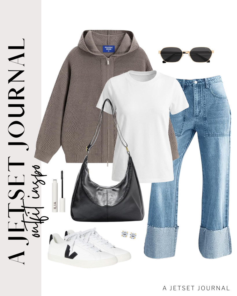 For a coffee brown Aelfric Eden zip-up cardigan worn over this simple tee from Madewell, you can wear these cuffed straight-leg jeans and a pair of Veja Esplar sneakers. Use this slouchy shoulder bag and TILO JEWELRY stud earrings to style the fit. 

 #LTKSeasonal #LTKSaleAlert #LTKTravel