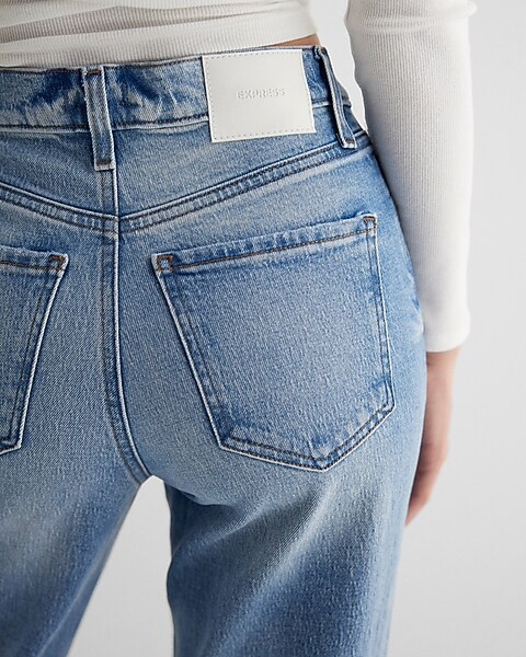 High Waisted Medium Wash Ripped Modern Straight Jeans | Express