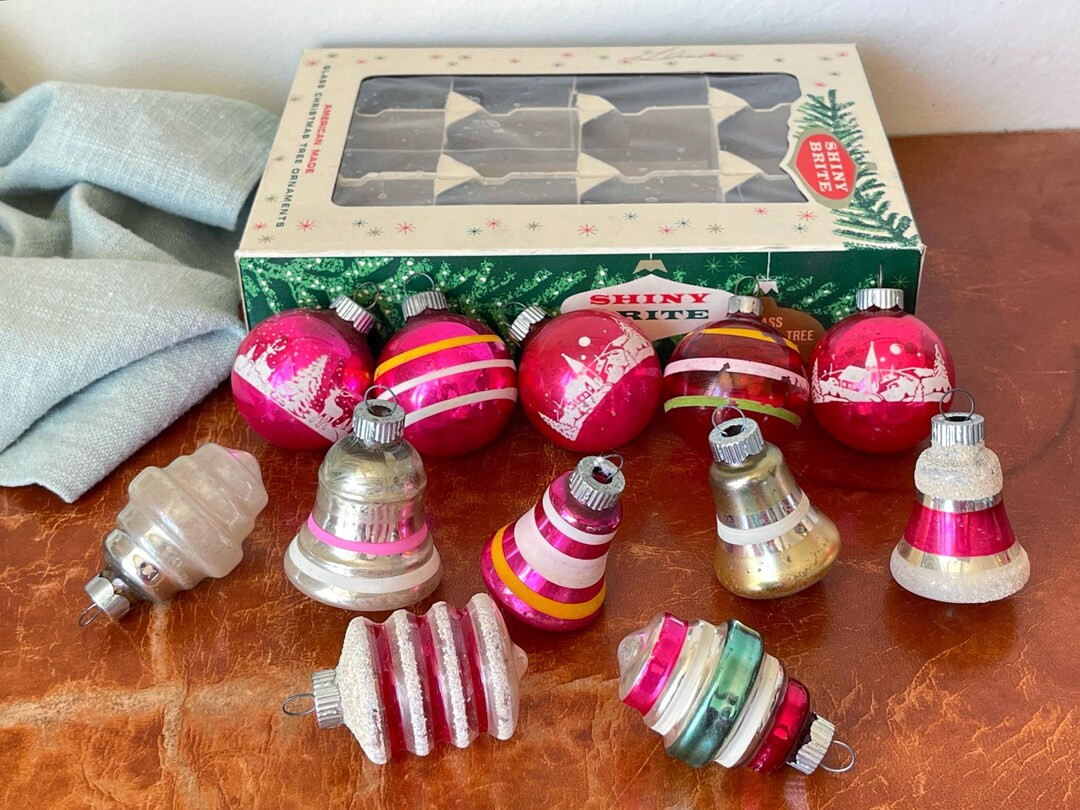 Vintage Shiny Brite Fancy Shape Glass Christmas Ornaments Set of 12 Pink Stencil Bells and Lanter... | Etsy (US)
