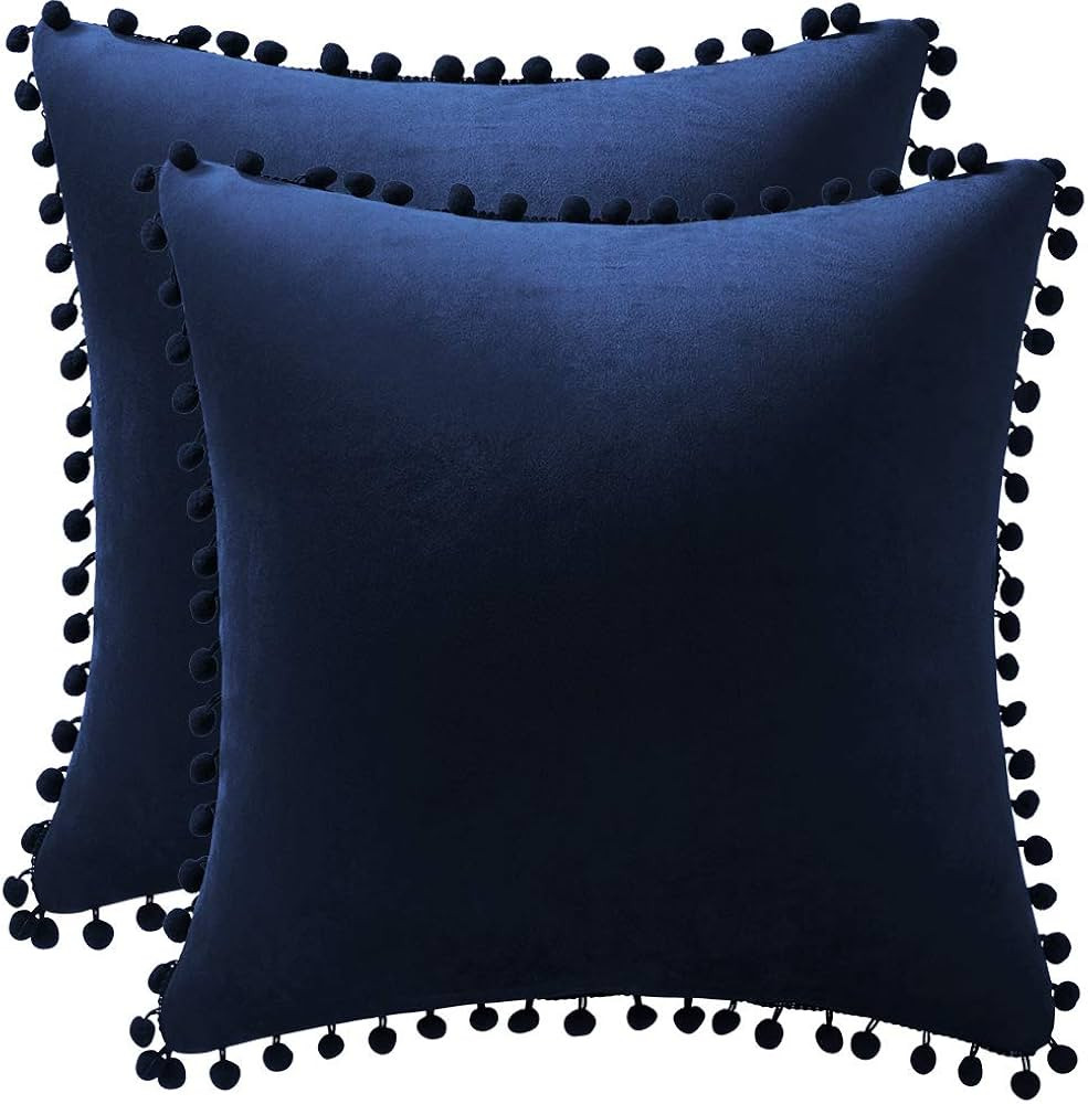 DEZENE Couch Pillow Cases 18x18 Navy: 2 Pack Cozy Soft Pom-poms Velvet Square Throw Pillow Covers... | Amazon (US)