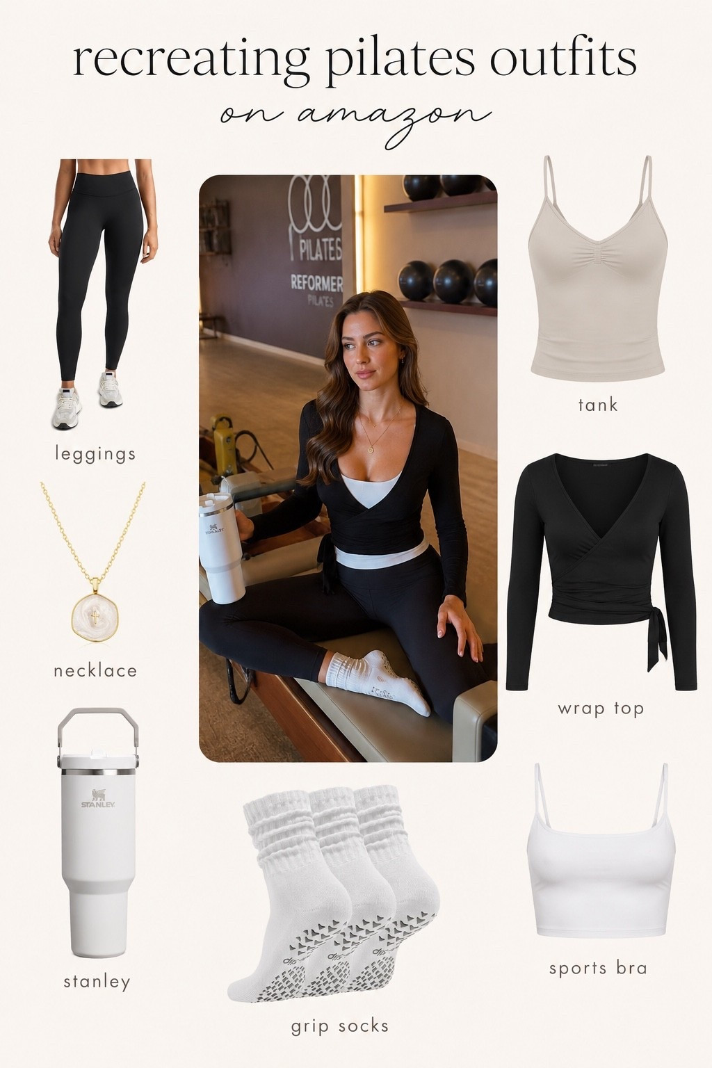 Recreating this Pilates look with Amazon finds 🤍 I found the cutest pieces for a clean pilates outfit — black leggings, white sports bra, black wrap top, grip socks, a gold necklace, and a Stanley-style water bottle. Perfect for pilates, errands, class, or an easy athleisure outfit.

#LTKActive #LTKfitnessgoals #LTKmorningroutine