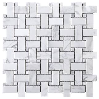 MOLOVO Carrara White Dot 12.01 in. x 12.01 in. Basketweave Polished Marble Mosaic Tile (10.1 sq. ... | The Home Depot
