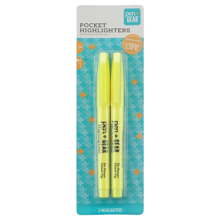 Pen+Gear Pocket Highlighter, Chisel Tip, Translucent Yellow, 2 Count | Walmart (US)