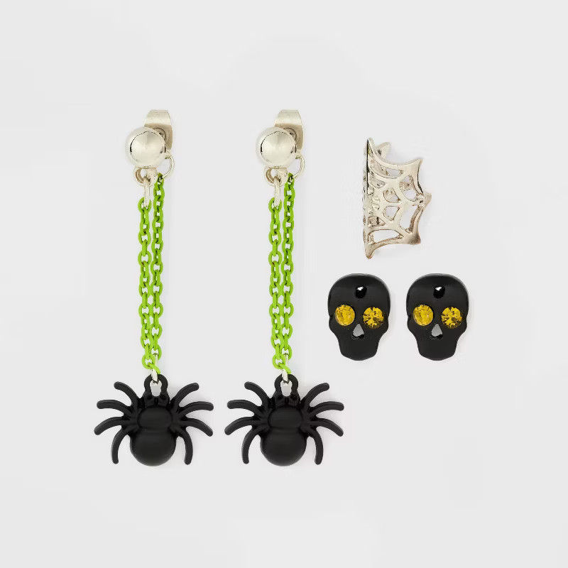Halloween Spider Web Ear Cuff Skull and Spider Earring Set 3pc - Green | Target