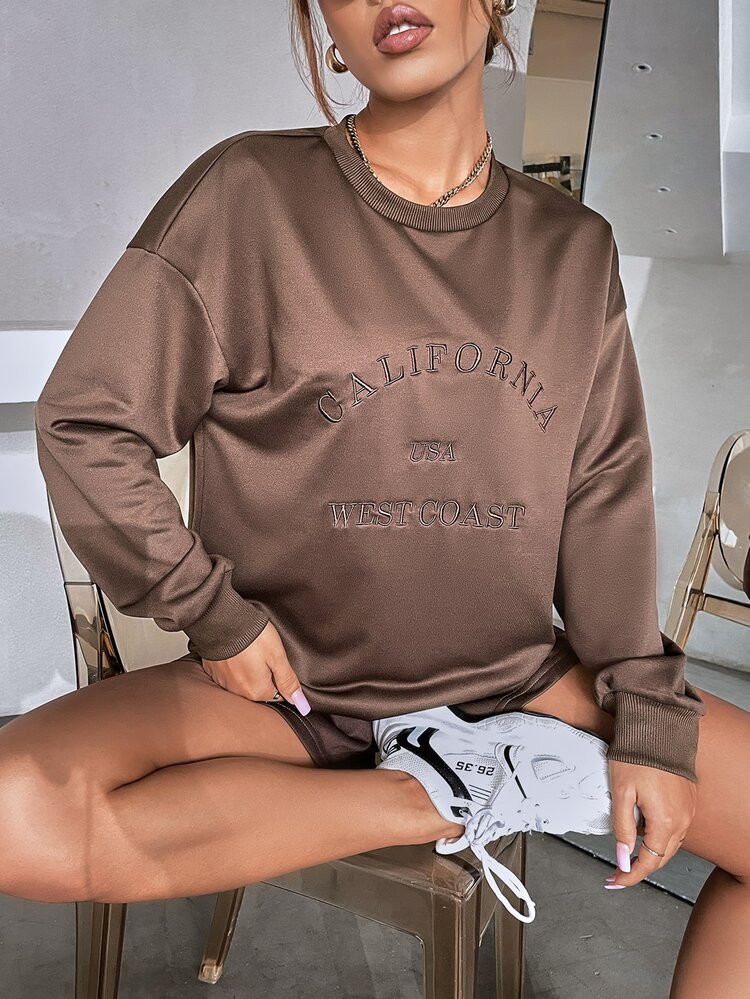 Letter Embroidery Drop Shoulder Pullover & Shorts | SHEIN