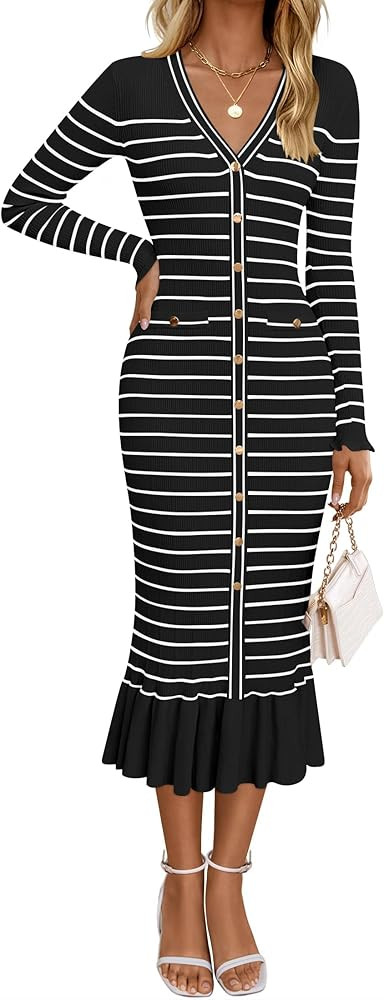ZESICA Women's Striped Sweater Dress 2024 Fall Long Sleeve V Neck Button Elegant Slim Fit Bodycon... | Amazon (US)