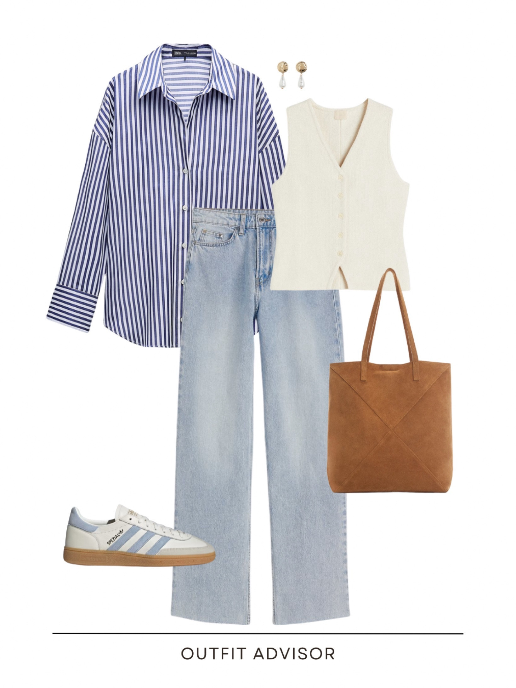Casual spring outfit: a blue striped button down shirt, jeans, knit waist coat top, brown tote bag, adidas spezial sneakers and gold earrings 

#LTKstyletip #LTKshoecrush #LTKworkwear