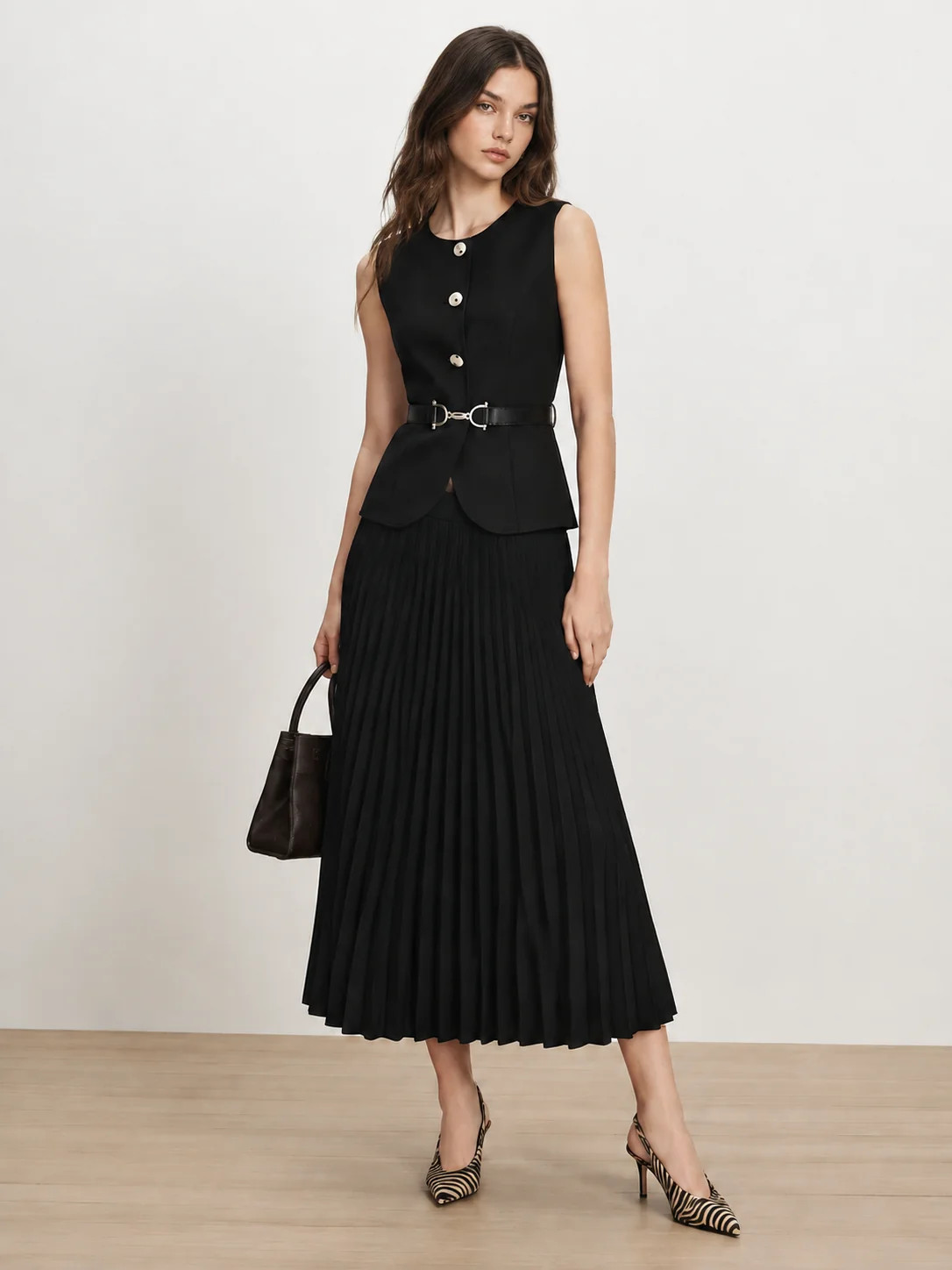 Belted Vest & Pleated Midi Skirt Set | Commense