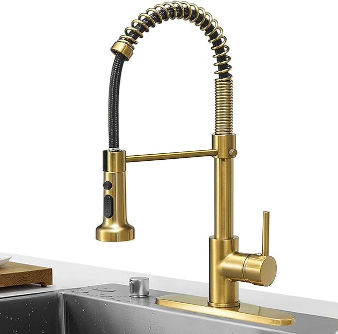 Hoimpro Brushed Gold High Arc Spring Kitchen Faucet with Pull Down Sprayer, Commercial Rv Single ... | Amazon (US)