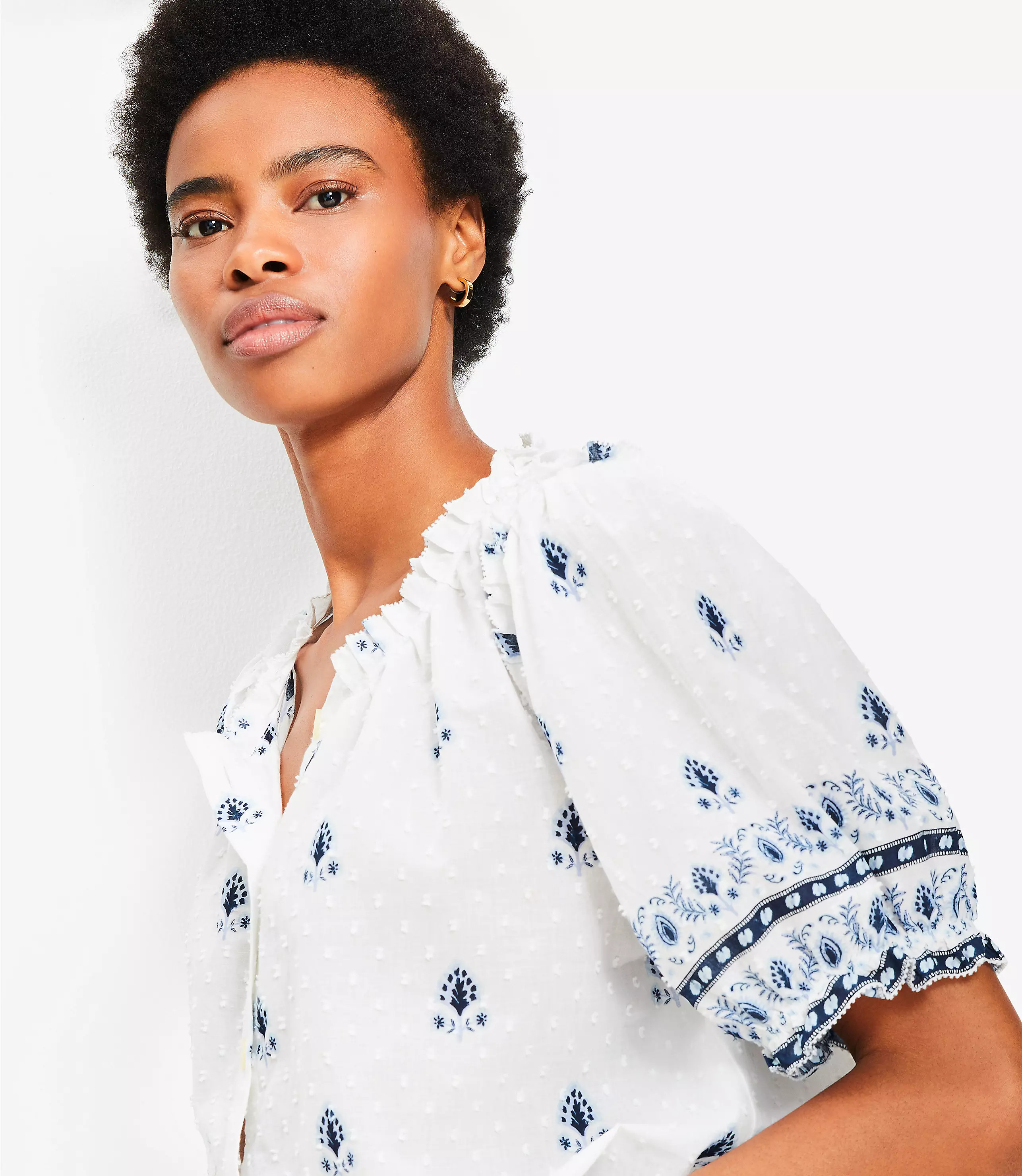 Border Floral Clip Pleated Blouse | LOFT