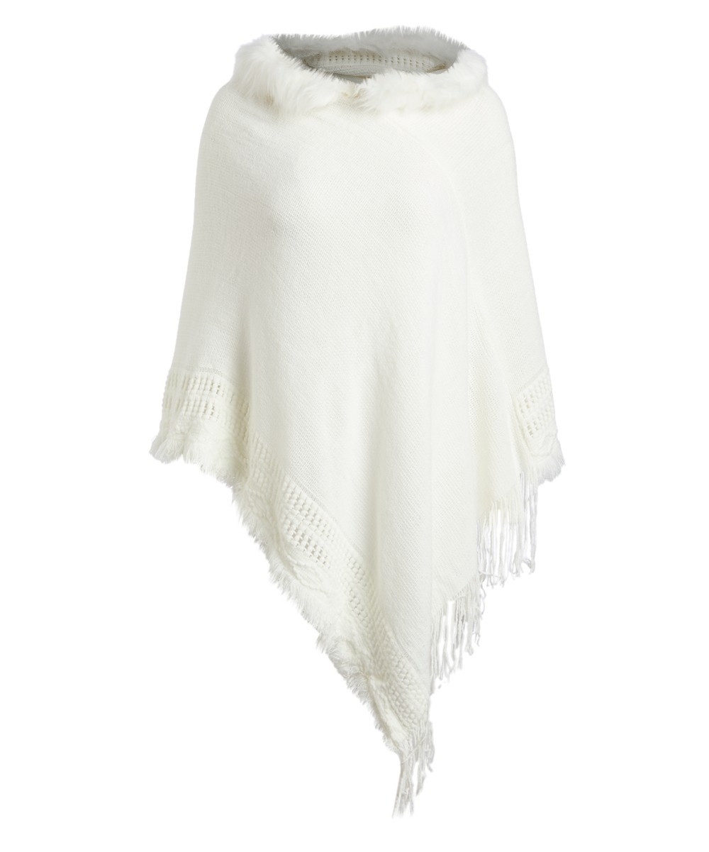 Jessica Taylor Women's Ponchos WHITE - White Faux Fur-Trim Hooded Poncho | Zulily