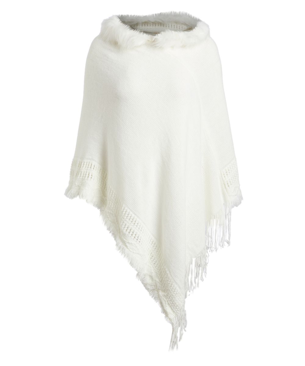 Jessica Taylor Women's Ponchos WHITE - White Faux Fur-Trim Hooded Poncho - Women | Zulily