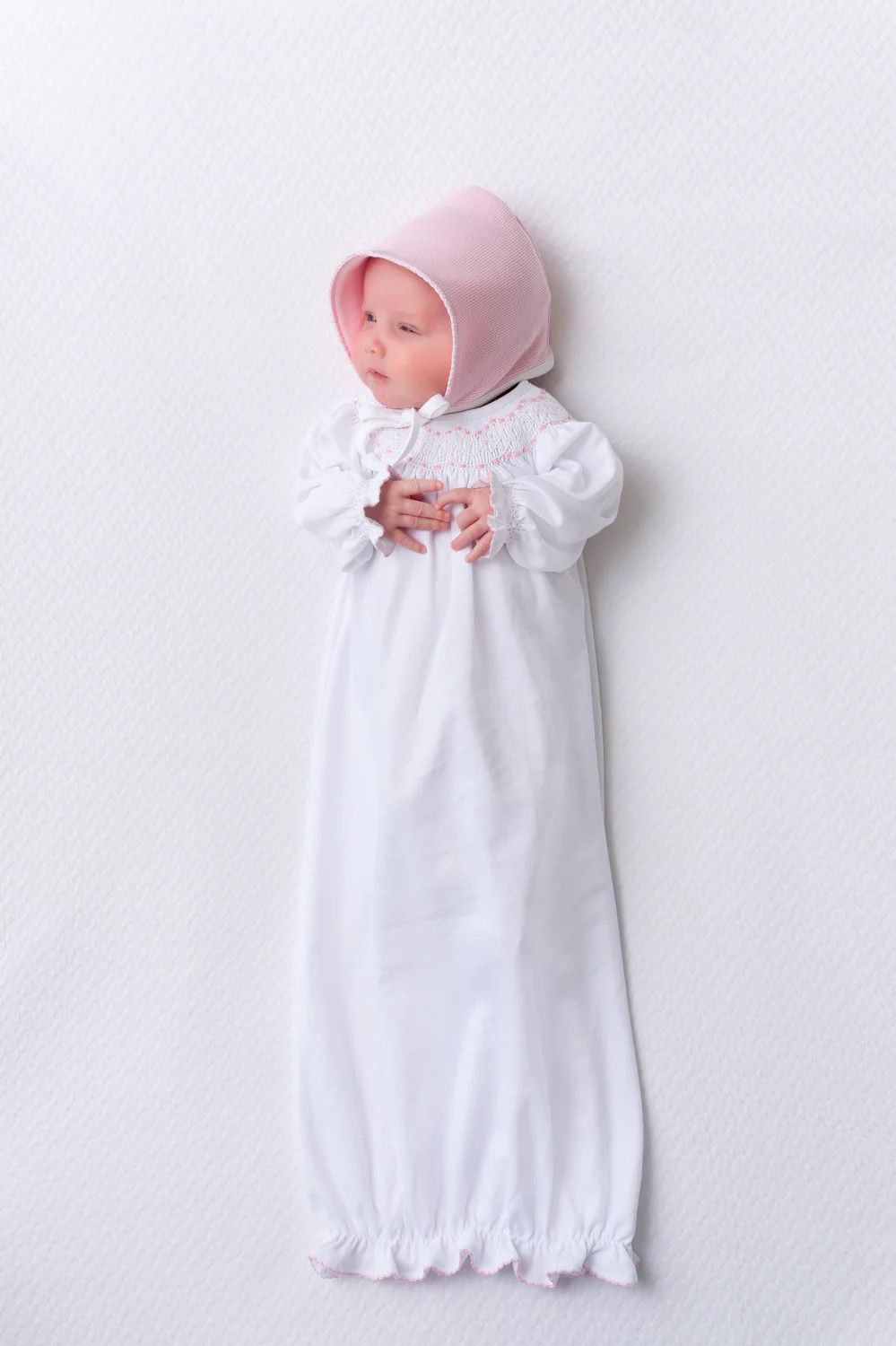 Sweetly Smocked Greeting Gown - Worth Avenue White with Palm Beach Pink | The Beaufort Bonnet Company