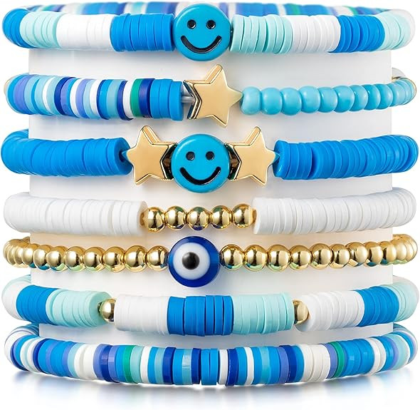 Preppy Bracelets Set Colorful White Gold Smile Heart Star Polymer Beaded Pearl Clay Stackable Cha... | Amazon (US)