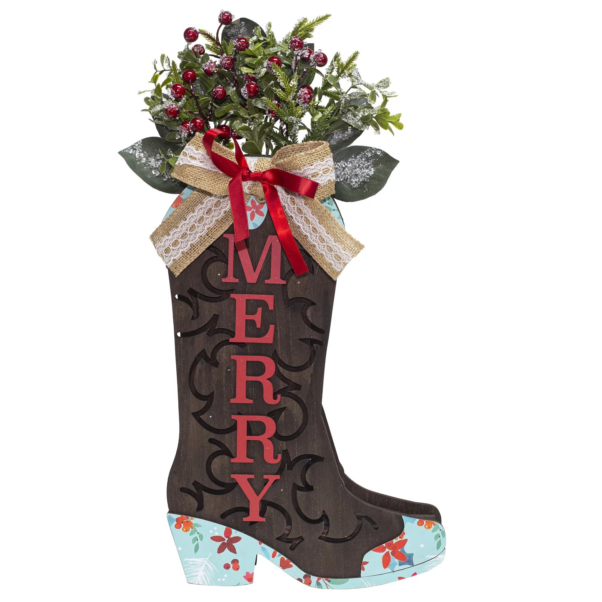 The Pioneer Woman Multi-Color Merry Wooden Tabletop Christmas Decorative Boot - Walmart.com | Walmart (US)