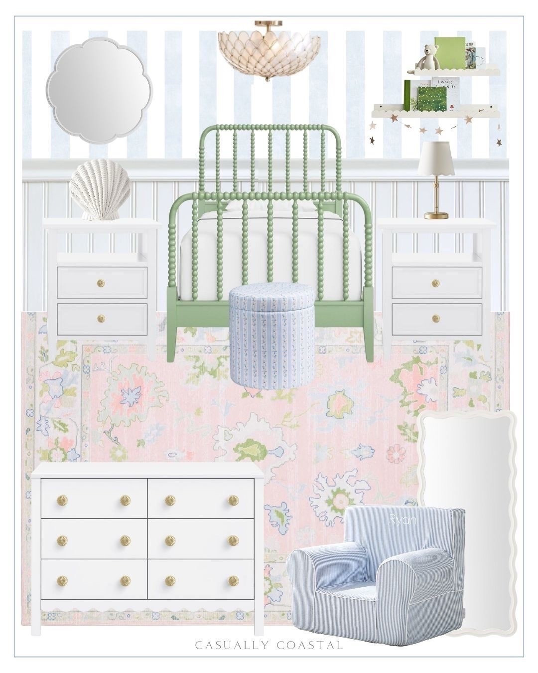 Young girls bedroom design, which can grow along with them into their tween years!
---------
Coastal bedroom ideas, girls bedroom decor, kids bedroom decor, tween girl bedroom, pink and green bedroom, blue and pink bedroom, blue and green bedroom, coastal bed, spindle bed, Jenny Lind bed, girls bedroom rug, pink rugs, coastal rug, 8x10 rugs, 9x12 rugs, rugs on sale, solid wood spindle bed, green girls bed, wayfair beds, twin beds, scalloped dresser, white dresser, 6 drawer dresser, 3 drawer nightstand, white nightstand with shelf, brushed gold flower cabinet knobs, Amazon knobs, gold cabinet knobs, clamshell table lamp, coastal lamp, cordless lamps, wayfair wallpaper, coastal wallpaper, blue and white striped wallpaper, oxford stripe chair, coastal chair, adjustable table lamp, loveshackfancy round storage ottoman, coastal ottoman, patterned ottoman, coastal floor mirror, white floor mirror, scalloped shelving, capiz flush mount light, scalloped lighting, coastal lighting, floral pink and green rug, wayfair rug, white wood spindle twin bed, semi flush mount, chambray reversible duvet cover & sham, white wall mirrors, kids chair, bedroom mirrors


#LTKSaleAlert #LTKHome