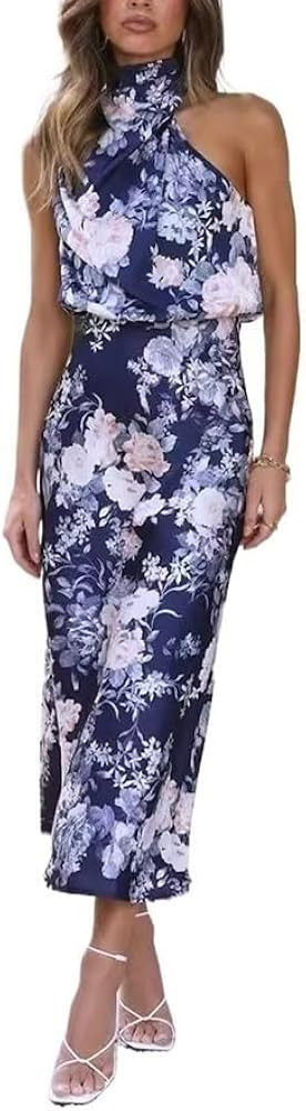 Women's Halter Neck Midi Party Dresses, High Neck Sleeveless Printed Sexy Midi Cocktail Dresses | Amazon (US)