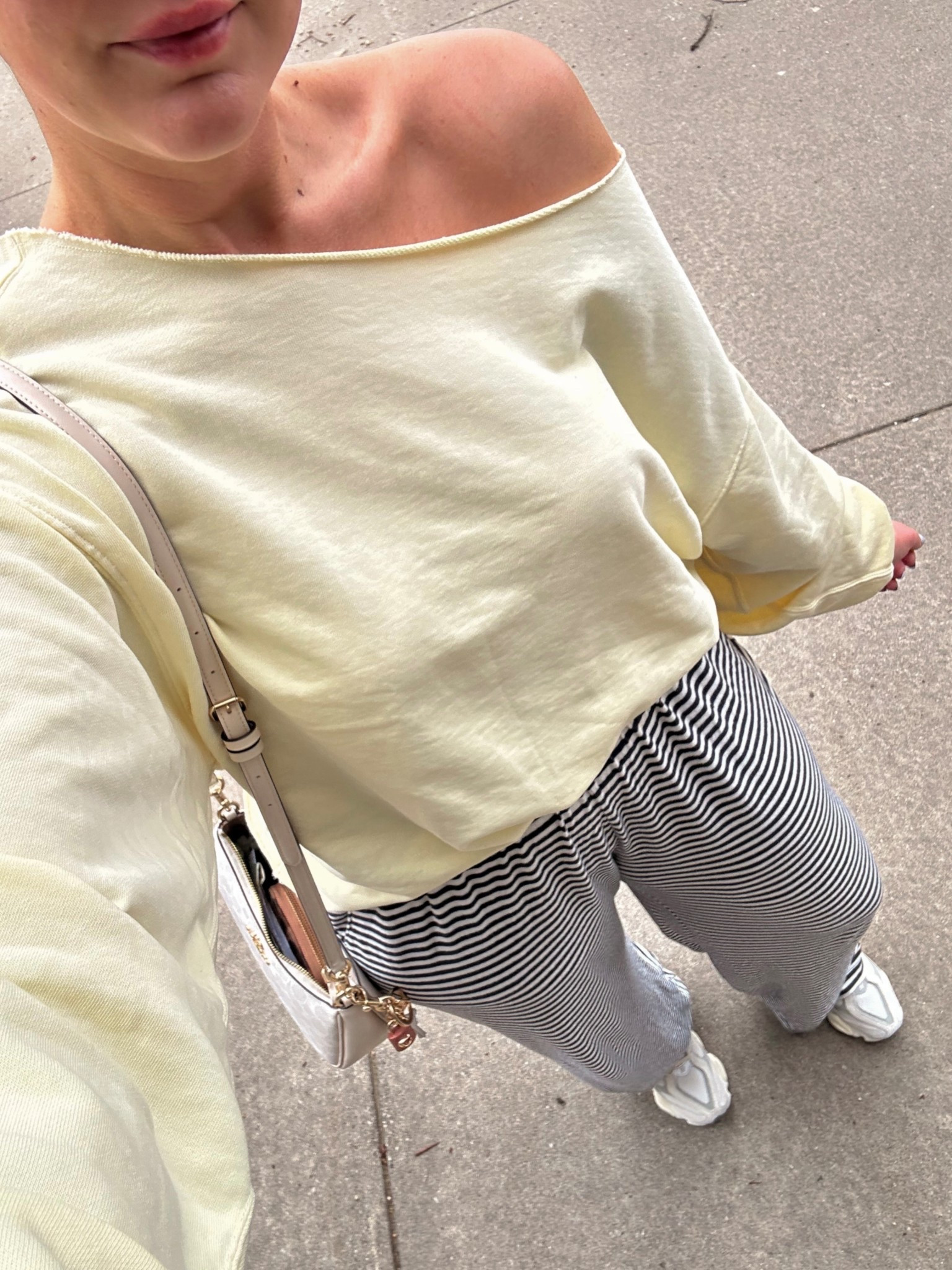 Comfy OOTD!! Abercrombie striped pants - wearing large long and wearing large in this off the shoulder Aerie top! 

Aerie real
Aerie sweatshirt
Striped lounge pants
Tall fashion
Midsize spring outfits 
spring outfits 2026

#LTKootd #LTKSaleAlert #LTKTall