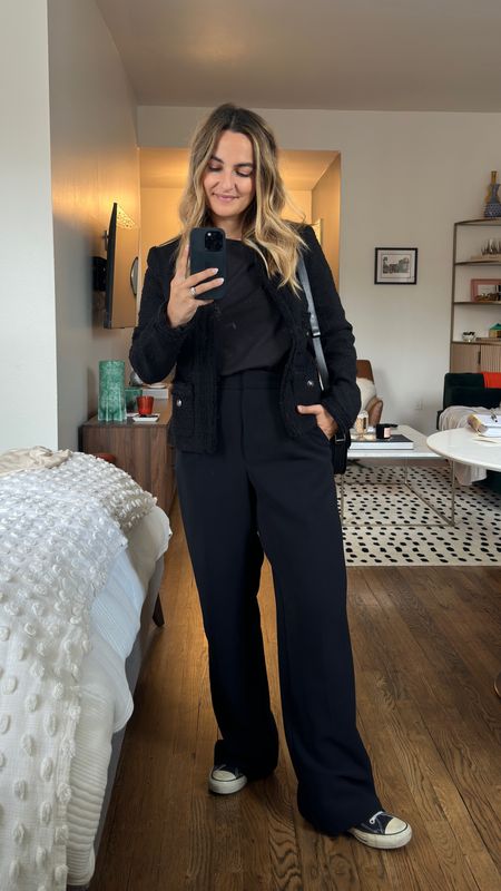 Yesterday’s all black outfit - the easy formula when your brain can’t work is to wear a single color for a chic monochrome look.

Black wide leg pants, black t-shirt, and a the perfect third piece: a black tweed jacket!



#LTKstyletip #LTKSeasonal