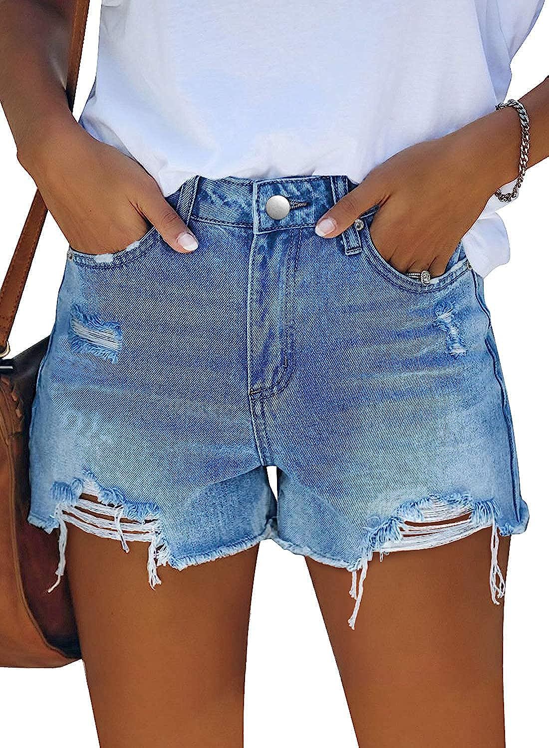 MINGALONDON Women's Denim Shorts Summer Mid Waist Ripped Raw Cut Hem Distressed Stretchy Jean Sho... | Amazon (US)