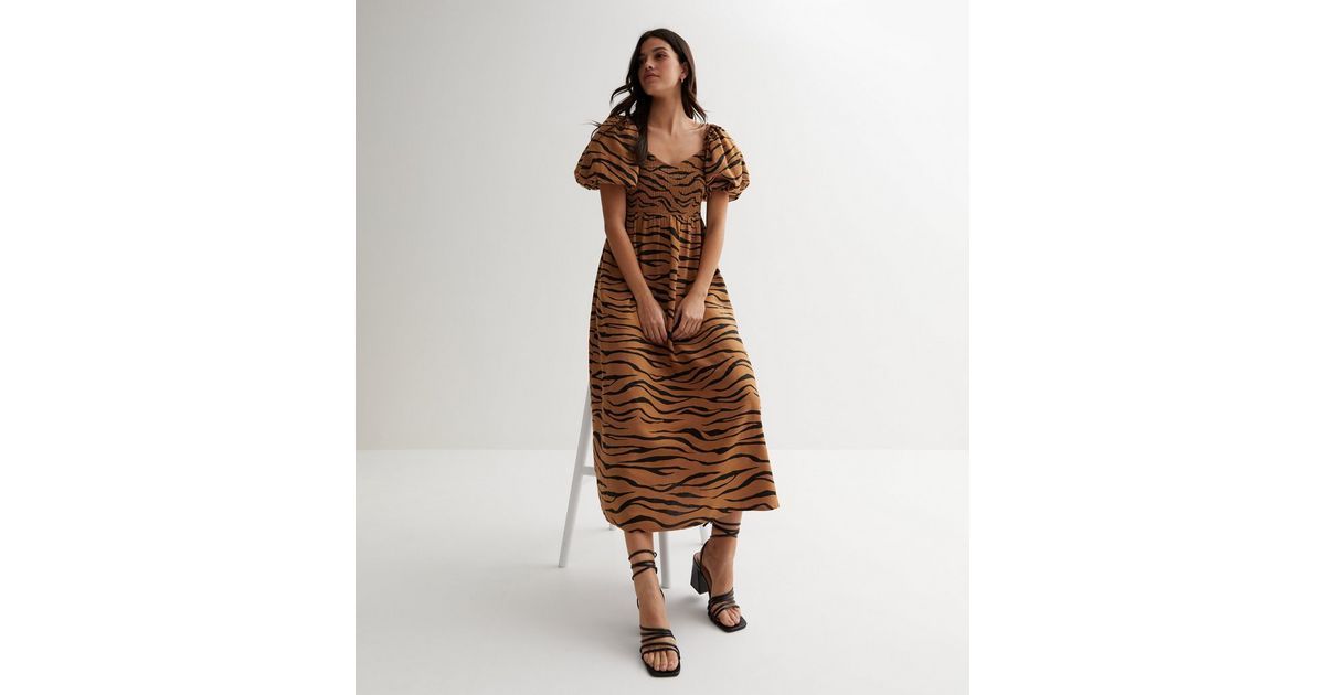 Brown Zebra Print Shirred Puff Sleeve Midi Dress
						
						Add to Saved Items
						Remove fro... | New Look (UK)