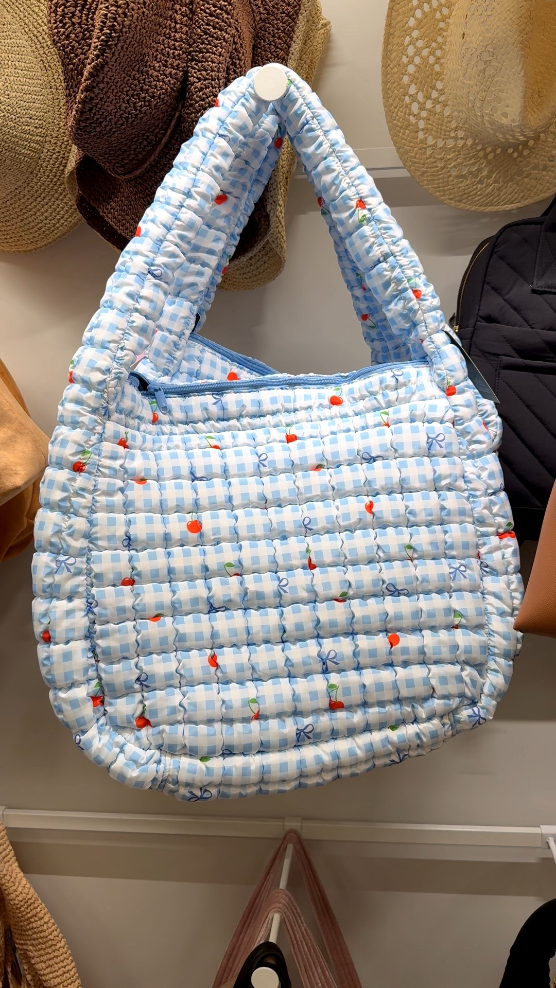 Gingham Cherry and ribbon ￼ Print Puffer Hobo Shoulder Bag from Wild Fable. Trendy but cute for the spring. Comes in other colors too. Target shopping 

#LTKdayinmylife #LTKSeasonal #LTKvlog