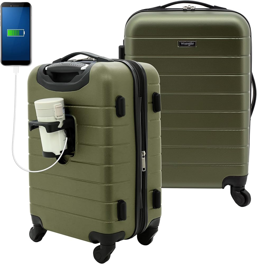 Wrangler Smart Luggage Set with Cup Holder and USB Port, Olive Green, 20-Inch Carry-On | Amazon (US)