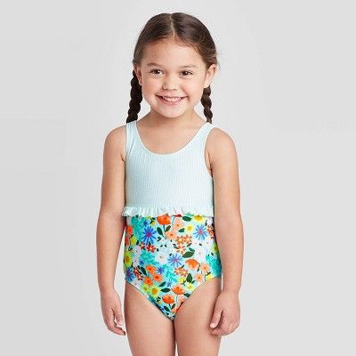 Toddler Girls' Floral Seersucker Empire Ruffle One Piece Swimsuit - Cat & Jack™ Turquoise | Target