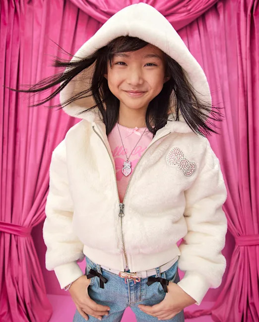 Girls Hello Kitty® Applique Faux Fur Zip Up Hoodie - white | The Children's Place