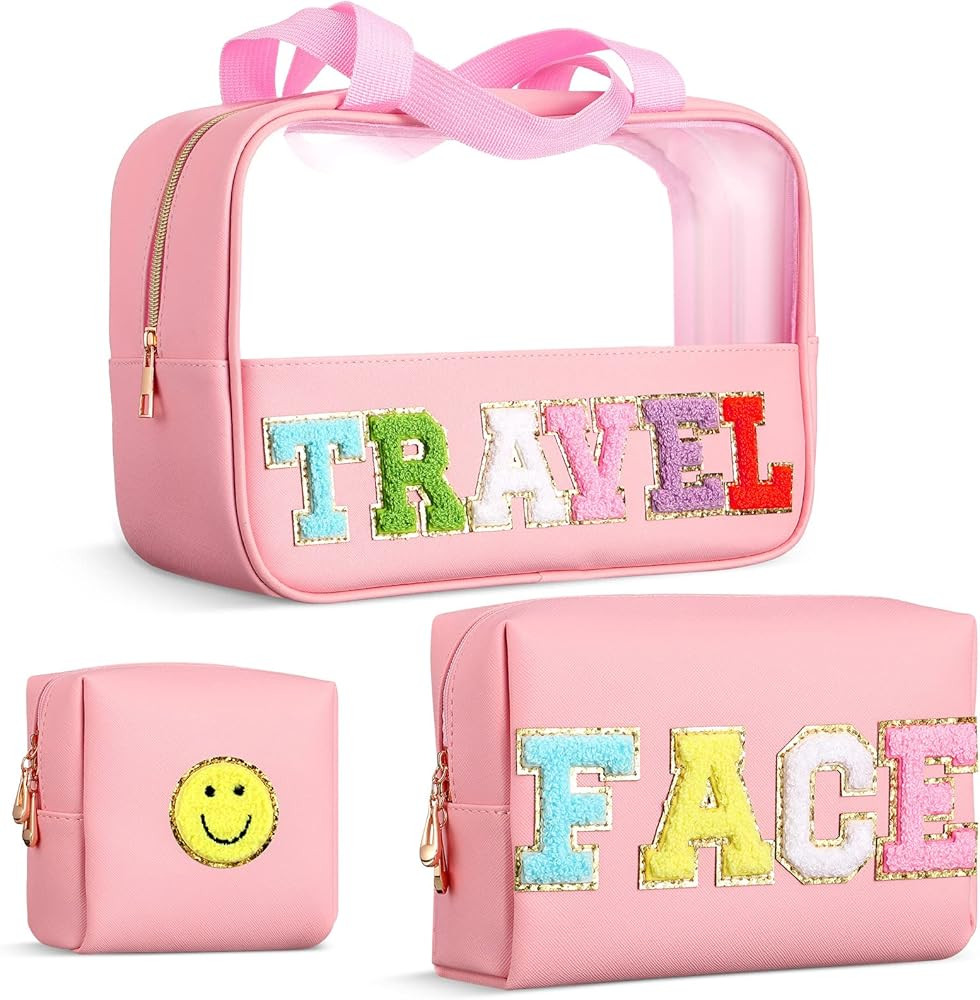 Sanwuta 3 Pcs Chenille Letter Patch Makeup Bag Nylon Cosmetic Bag Storage Bag PVC and Pu Clear Le... | Amazon (US)
