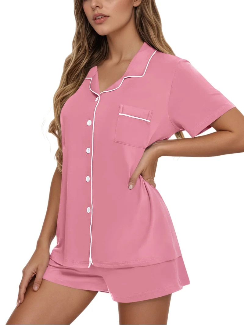 UVN Pajamas Sets for Women Button Down Short Sleeve Tops and Drawstring Shorts 2 Piece Lounge Set | Walmart (US)