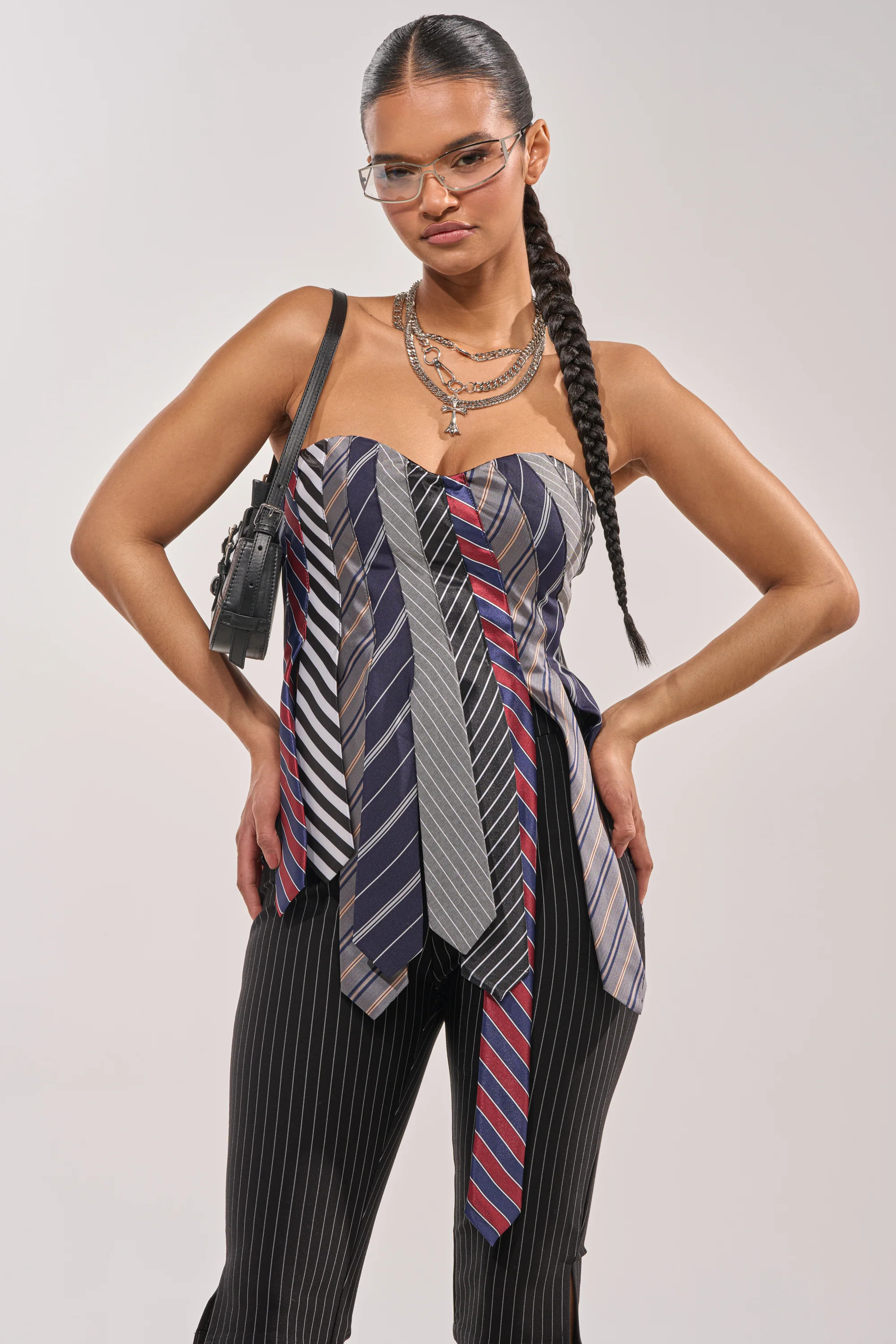 STRICTLY BUSINESS TIE DETAIL CORSET TOP IN BLUE MULTI | AKIRA