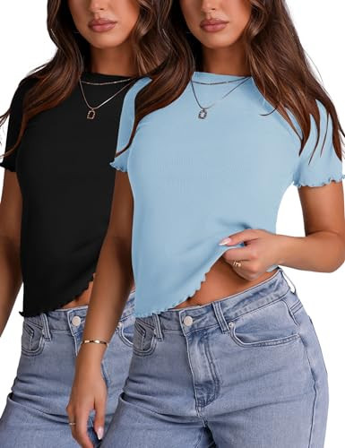 LOMON Women's 2 Pack Crew Neck Short Sleeves Tops Lettuce Trim Ribbed Basic T-Shirts One Black and One Sky Blue Medium | Amazon (US)