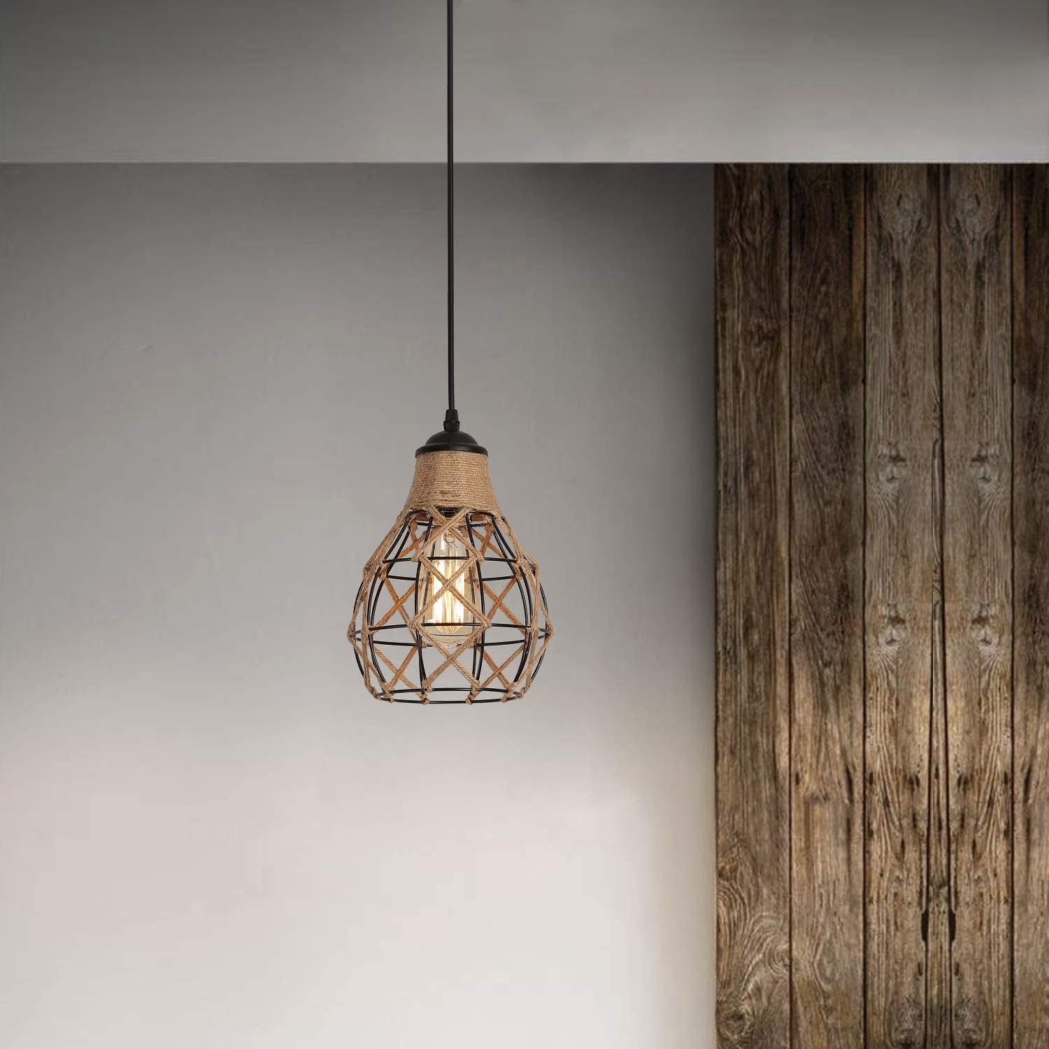 Rustic Industrial Woven Pendant Light, One-Light Adjustable Metal Hemp Rope Mini Pendant Lighting... | Amazon (US)