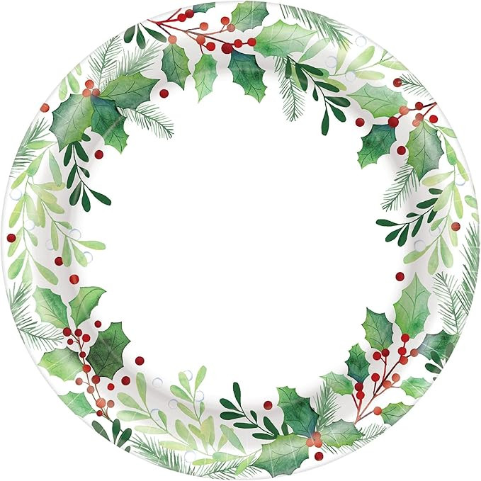 Amscan Traditional Holly Round Paper Plates (Pack of 50) - Festive White Disposable Plates with E... | Amazon (US)