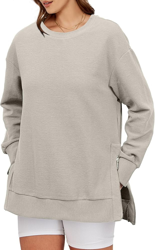 Glamaker Womens Oversized Sweatshirts Crewneck Side Zipper Pollover Long Sleeve Hoodie Sweaters 2... | Amazon (US)