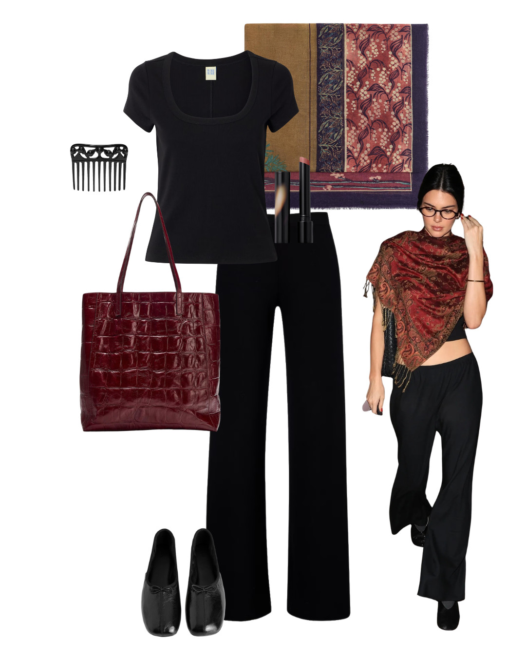 Airport Pants Outfit 

black scoop neck top, black wide leg trousers, black ballet flats, burgundy croc tote bag, paisley print shawl, printed silk scarf, black hair comb, tinted lip balm, bronzer stick, black flared trousers, black sunglasses, monochrome outfit, autumn accessories, boho scarf styling, quiet luxury, elevated basics, effortless chic, ltkstyletip, ltkseasonal, ltkfindsunder100, ltkbeauty, outfit inspo, capsule wardrobe essentials

#LTKtravel #LTKpartywear #LTKworkwear
